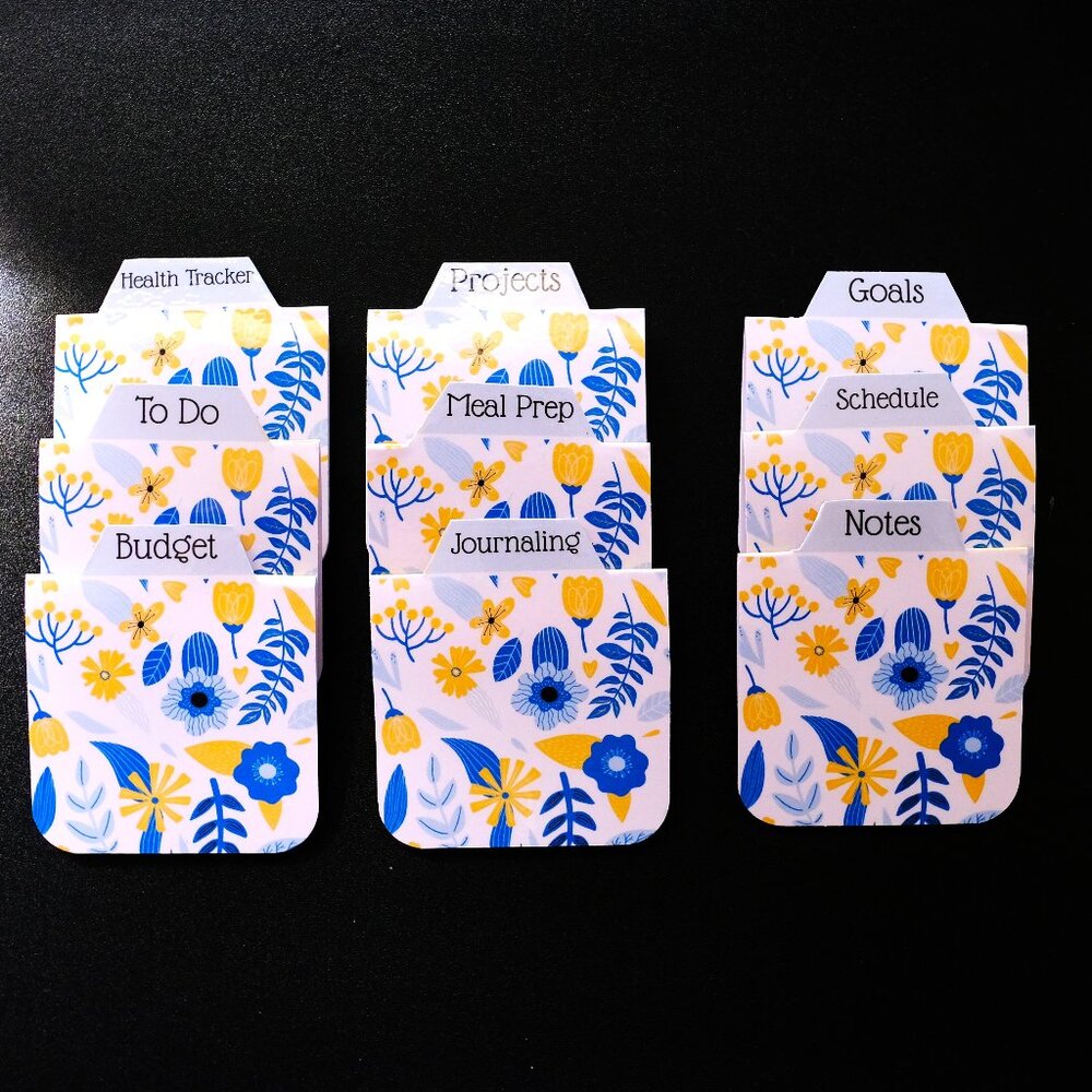 Handmade Magnetic Planner Tabs, journal, dividers, floral, blue, yellow flower